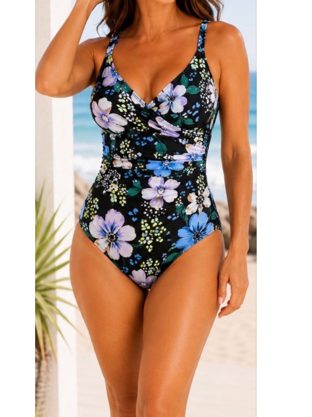 Jantzen NWT 14 Wrap Floral Swimsuit Black Print Blue White Lavender